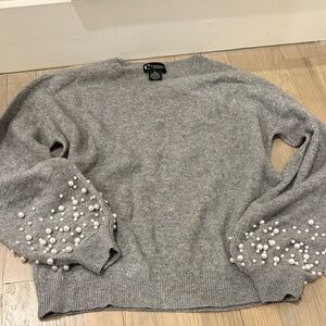 Gray Cashmere Sweater with Pearl Detailing